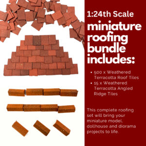 The Ultimate 1:24th Miniature Model Dollhouse Diorama Roofing Bundle - 500 Roof Tiles + 15 Angled Ridge Tiles in Weathered Terracotta