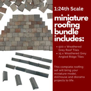The Ultimate 1:24th Miniature Model Dollhouse Diorama Roofing Bundle - 500 Roof Tiles + 15 Angled Ridge Tiles in Weathered Grey