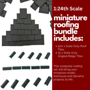 The Ultimate 1:24th Miniature Model Dollhouse Diorama Roofing Bundle - 500 Roof Tiles + 15 Angled Ridge Tiles in Slate Grey